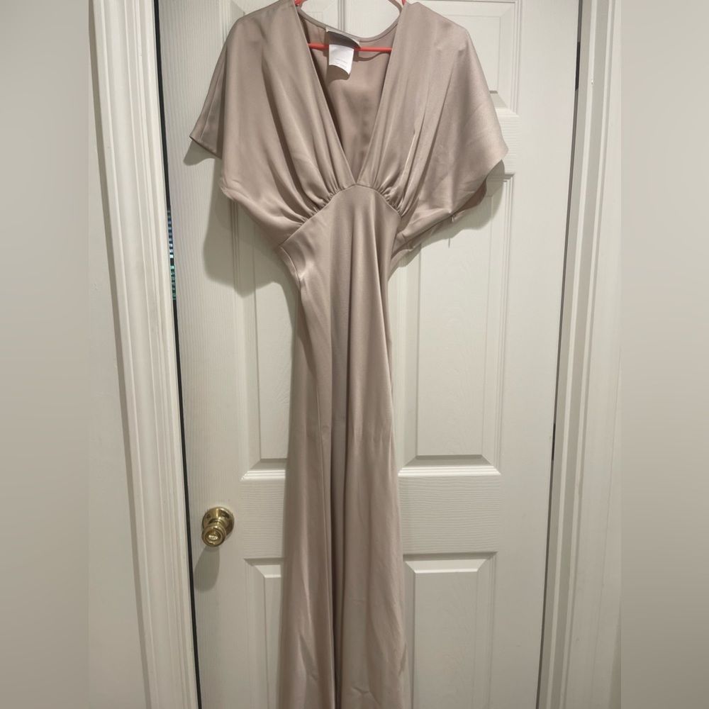 BHLDN Leila Deep-V Flutter-Sleeve Satin A-Line Gown